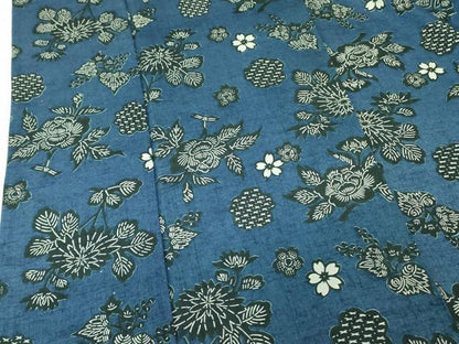 平和屋着物▽上質な小紋　単衣　紬地　藍　型染　草花　正絹　逸品　未使用　DABE1401op