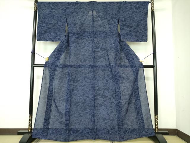 平和屋着物＊夏物 本藍 型絵染 小紋 絽 草花文 正絹 逸品 DABE1412op