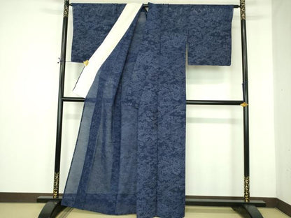 平和屋着物＊夏物 本藍 型絵染 小紋 絽 草花文 正絹 逸品 DABE1412op