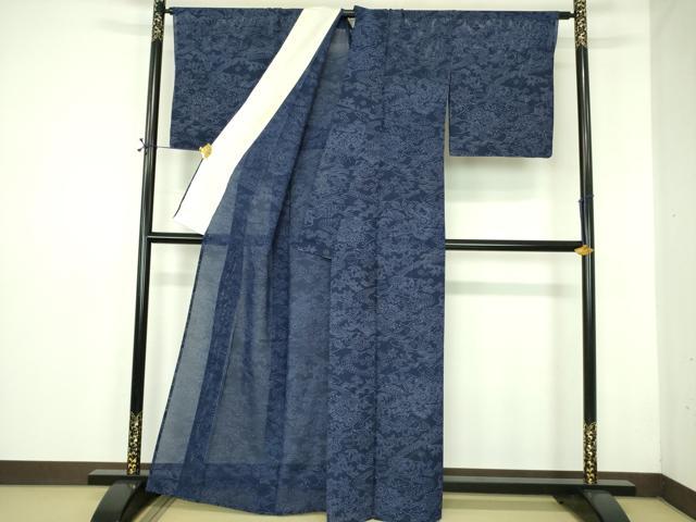 平和屋着物＊夏物 本藍 型絵染 小紋 絽 草花文 正絹 逸品 DABE1412op