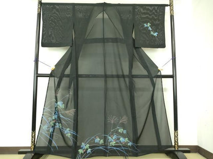 平和屋着物＊夏物 訪問着 絽 手描き 南天蔦の葉文 黒地 正絹 逸品 DABE1413op