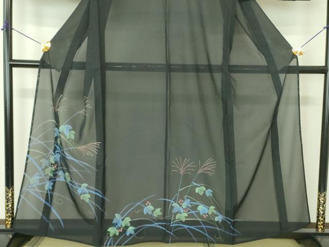 平和屋着物＊夏物 訪問着 絽 手描き 南天蔦の葉文 黒地 正絹 逸品 DABE1413op