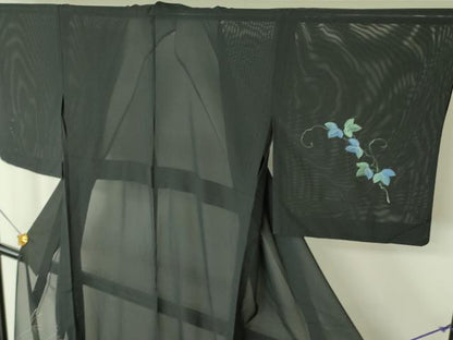 平和屋着物＊夏物 訪問着 絽 手描き 南天蔦の葉文 黒地 正絹 逸品 DABE1413op
