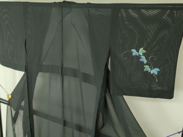 平和屋着物＊夏物 訪問着 絽 手描き 南天蔦の葉文 黒地 正絹 逸品 DABE1413op