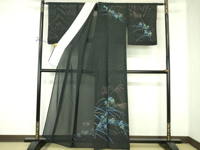 平和屋着物＊夏物 訪問着 絽 手描き 南天蔦の葉文 黒地 正絹 逸品 DABE1413op