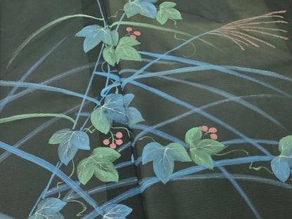 平和屋着物＊夏物 訪問着 絽 手描き 南天蔦の葉文 黒地 正絹 逸品 DABE1413op