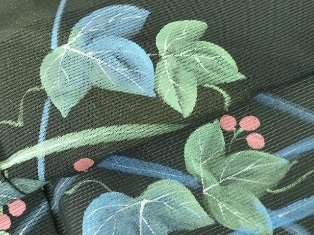 平和屋着物＊夏物 訪問着 絽 手描き 南天蔦の葉文 黒地 正絹 逸品 DABE1413op