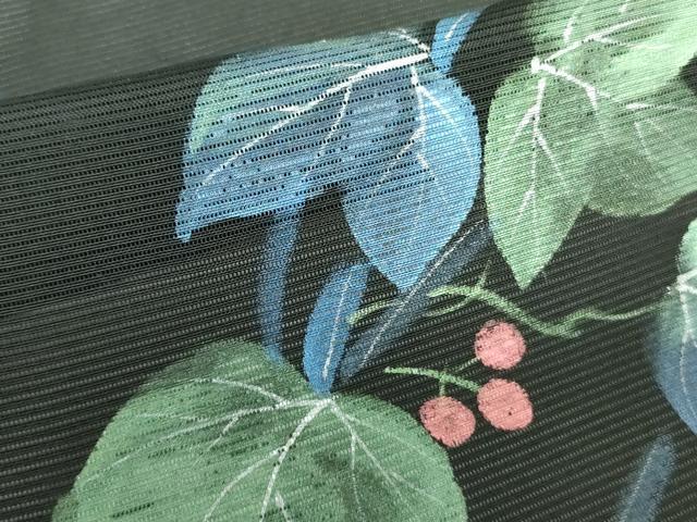 平和屋着物＊夏物 訪問着 絽 手描き 南天蔦の葉文 黒地 正絹 逸品 DABE1413op