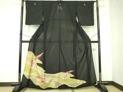 平和屋着物＊夏物　黒留袖　絽　尾長鳥　金彩　洗える着物　DABE1415op
