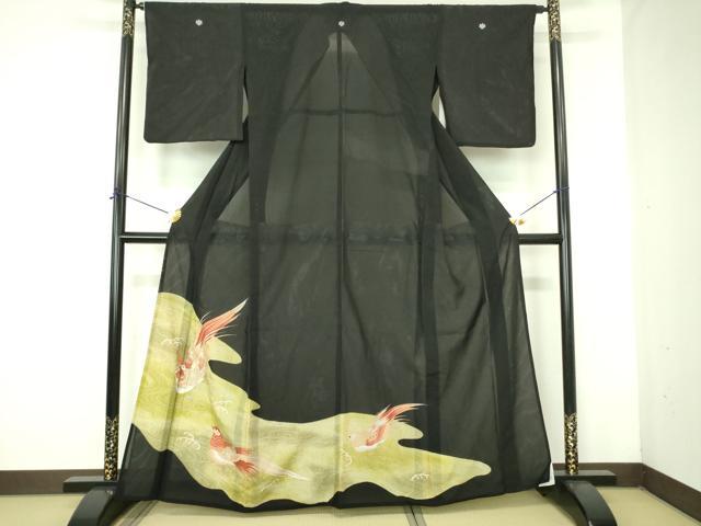 平和屋着物＊夏物　黒留袖　絽　尾長鳥　金彩　洗える着物　DABE1415op