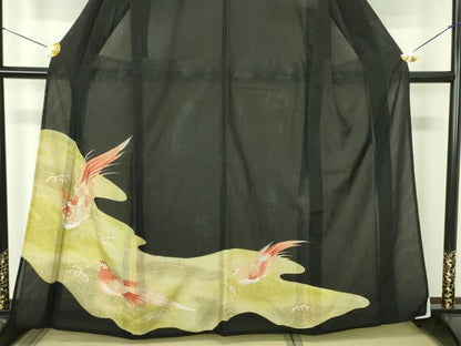 平和屋着物＊夏物　黒留袖　絽　尾長鳥　金彩　洗える着物　DABE1415op