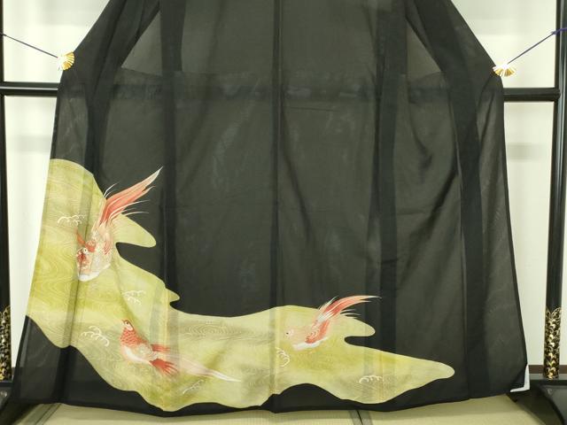 平和屋着物＊夏物　黒留袖　絽　尾長鳥　金彩　洗える着物　DABE1415op