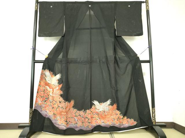 平和屋着物＊夏物 黒留袖 絽 刺繍 飛鶴花文 金糸 洗える着物 DABE1418op