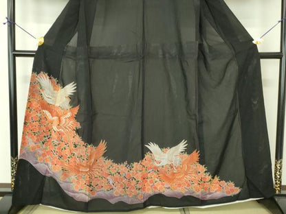平和屋着物＊夏物 黒留袖 絽 刺繍 飛鶴花文 金糸 洗える着物 DABE1418op