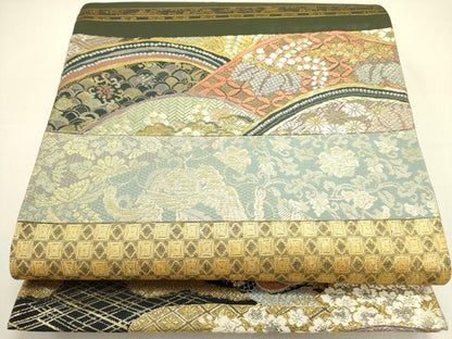 平和屋着物●全通柄袋帯　唐織　切嵌　横段花文　金糸　正絹　逸品　DABE1455op