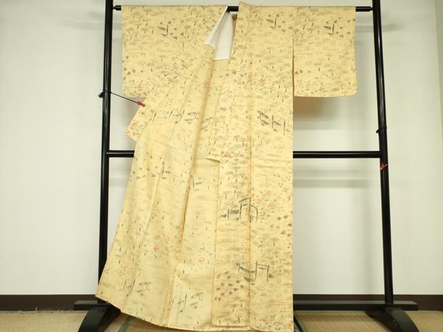 平和屋着物▽訪問着　単衣　手描き　風景花文　正絹　逸品　未使用　DABE1471op