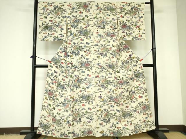平和屋着物▽上質な小紋 単衣 型染 流水花文 正絹 逸品