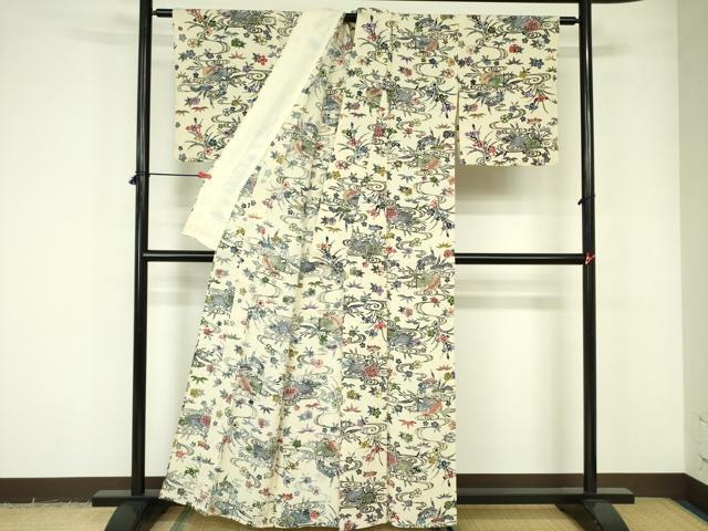 平和屋着物▽上質な小紋 単衣 型染 流水花文 正絹 逸品