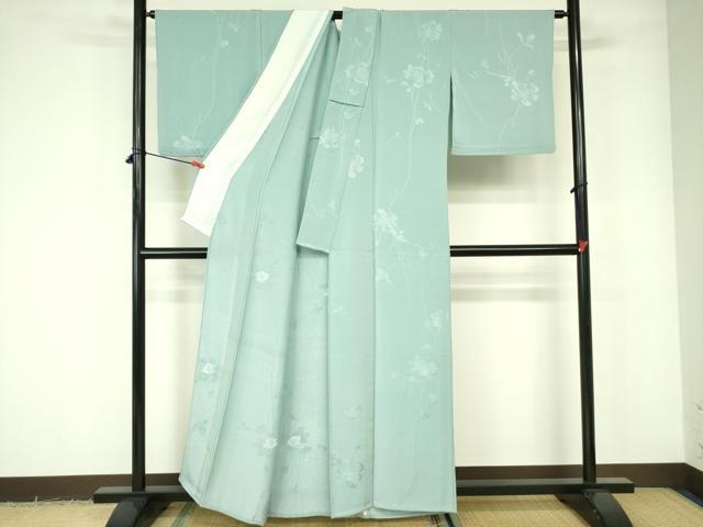 平和屋着物▽上質な色無地　単衣　草花文　錆青磁色　銀通し地　正絹　逸品　DABE1474op 平和屋着物▽上質な色無地 単衣 草花文 錆青磁色 銀通し地 正絹 逸品
