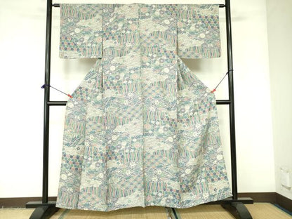 平和屋着物▽上質な小紋　単衣　流水花文　正絹　逸品　DABE1487op