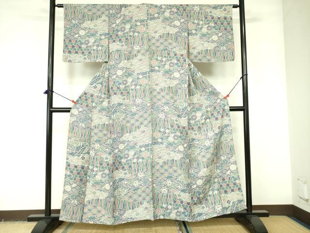 平和屋着物▽上質な小紋　単衣　流水花文　正絹　逸品　DABE1487op