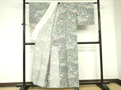 平和屋着物▽上質な小紋　単衣　流水花文　正絹　逸品　DABE1487op