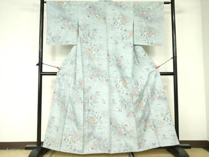 平和屋着物▽上質な紬 　単衣　草花文 　正絹　逸品　未使用　DABE1497op