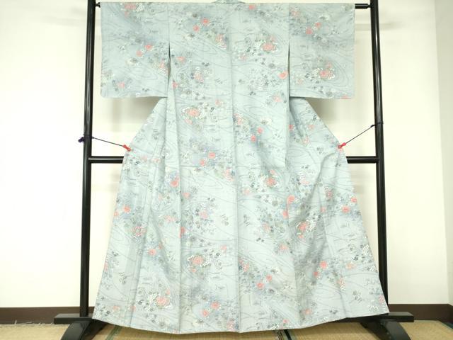 平和屋着物▽上質な紬 　単衣　草花文 　正絹　逸品　未使用　DABE1497op