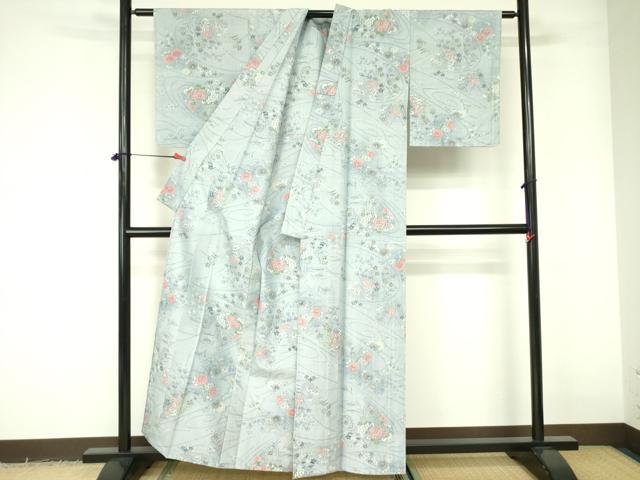 平和屋着物▽上質な紬 　単衣　草花文 　正絹　逸品　未使用　DABE1497op