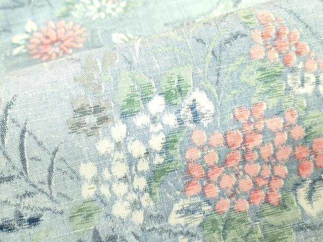 平和屋着物▽上質な紬 　単衣　草花文 　正絹　逸品　未使用　DABE1497op