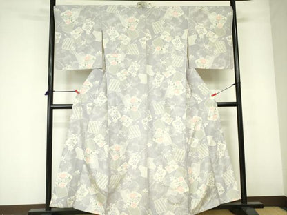 平和屋着物▽上質な紬　単衣　草花文　正絹　逸品　DABE1502op