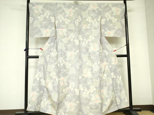平和屋着物▽上質な紬　単衣　草花文　正絹　逸品　DABE1502op