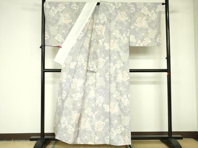 平和屋着物▽上質な紬　単衣　草花文　正絹　逸品　DABE1502op
