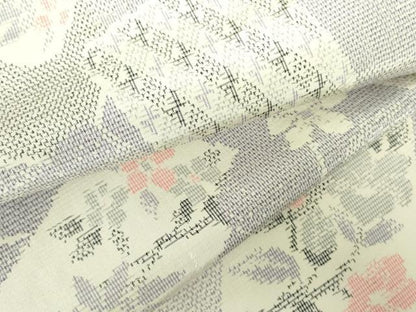 平和屋着物▽上質な紬　単衣　草花文　正絹　逸品　DABE1502op