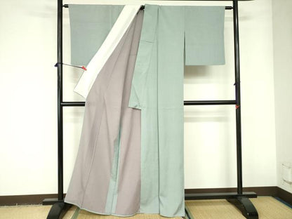 平和屋着物▽本塩沢　色無地　単衣　千草鼠色　正絹　逸品　DABE1503op