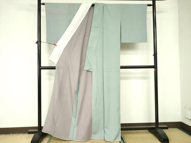 平和屋着物▽本塩沢　色無地　単衣　千草鼠色　正絹　逸品　DABE1503op