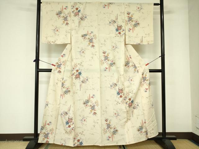 平和屋着物▽上質な小紋　単衣　糸車花文　金彩　正絹　逸品　DABE1505op