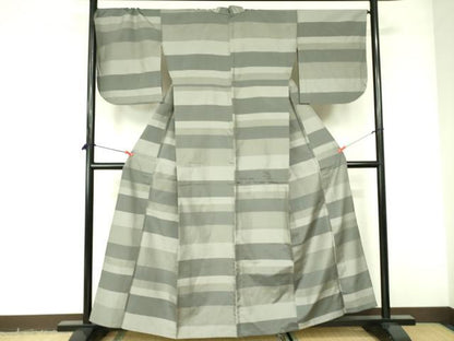 平和屋着物▽上質な紬　単衣　横段文　正絹　逸品　DABE1509op