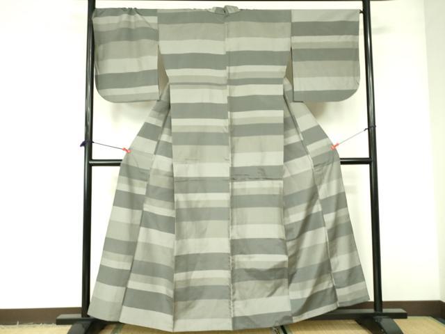 平和屋着物▽上質な紬　単衣　横段文　正絹　逸品　DABE1509op