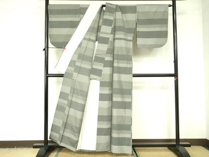 平和屋着物▽上質な紬　単衣　横段文　正絹　逸品　DABE1509op