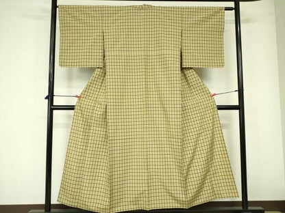 平和屋着物▽上質な紬 　単衣　 格子　正絹　逸品　未使用　DABE1513op
