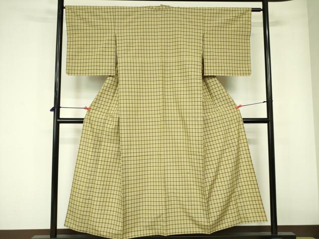 平和屋着物▽上質な紬 　単衣　 格子　正絹　逸品　未使用　DABE1513op