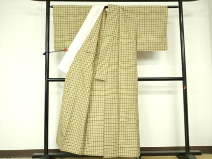 平和屋着物▽上質な紬 　単衣　 格子　正絹　逸品　未使用　DABE1513op