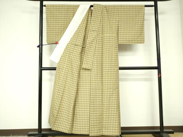 平和屋着物▽上質な紬 　単衣　 格子　正絹　逸品　未使用　DABE1513op