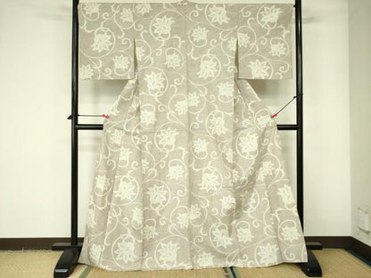 平和屋着物▽上質な紬　単衣　更紗花文　正絹　逸品　DABE1518op