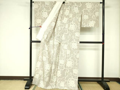 平和屋着物▽上質な紬　単衣　更紗花文　正絹　逸品　DABE1518op