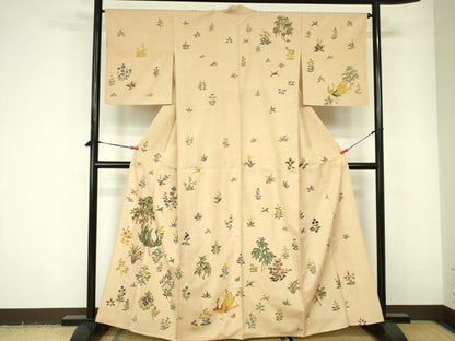 平和屋着物▽訪問着　単衣　紬地　型染　花鳥文　正絹　逸品　DABE1523op