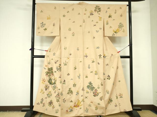 平和屋着物▽訪問着　単衣　紬地　型染　花鳥文　正絹　逸品　DABE1523op