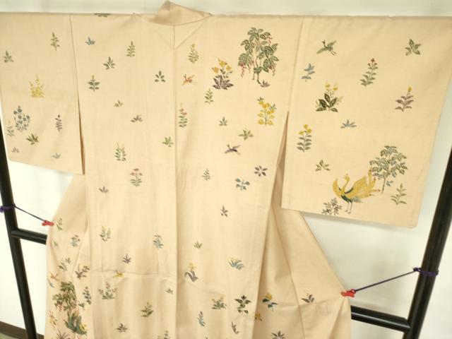 平和屋着物▽訪問着　単衣　紬地　型染　花鳥文　正絹　逸品　DABE1523op