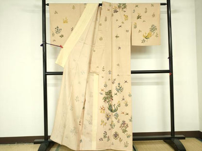 平和屋着物▽訪問着　単衣　紬地　型染　花鳥文　正絹　逸品　DABE1523op
